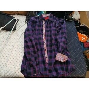 Patroncito Plaid cotton polyester shirt  long sleeve button up Purple Size L